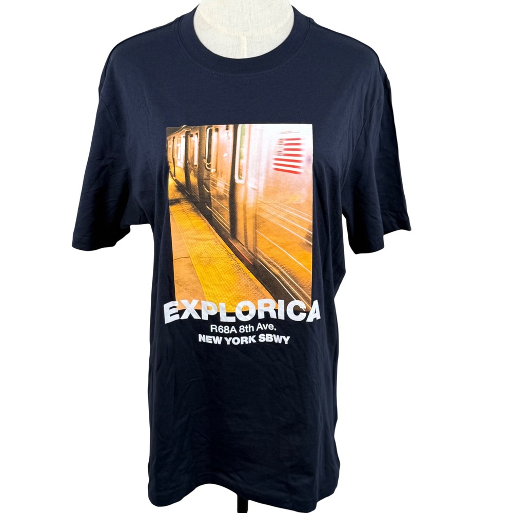 H&M Mens Small T Shirt Blue Explorica New York Subway Graphic Print NWT Souvenir